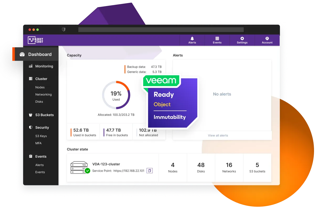 A screenshot of an Ootbi (Object First) dashboard interface with a Veeam Ready logo overlaid on it