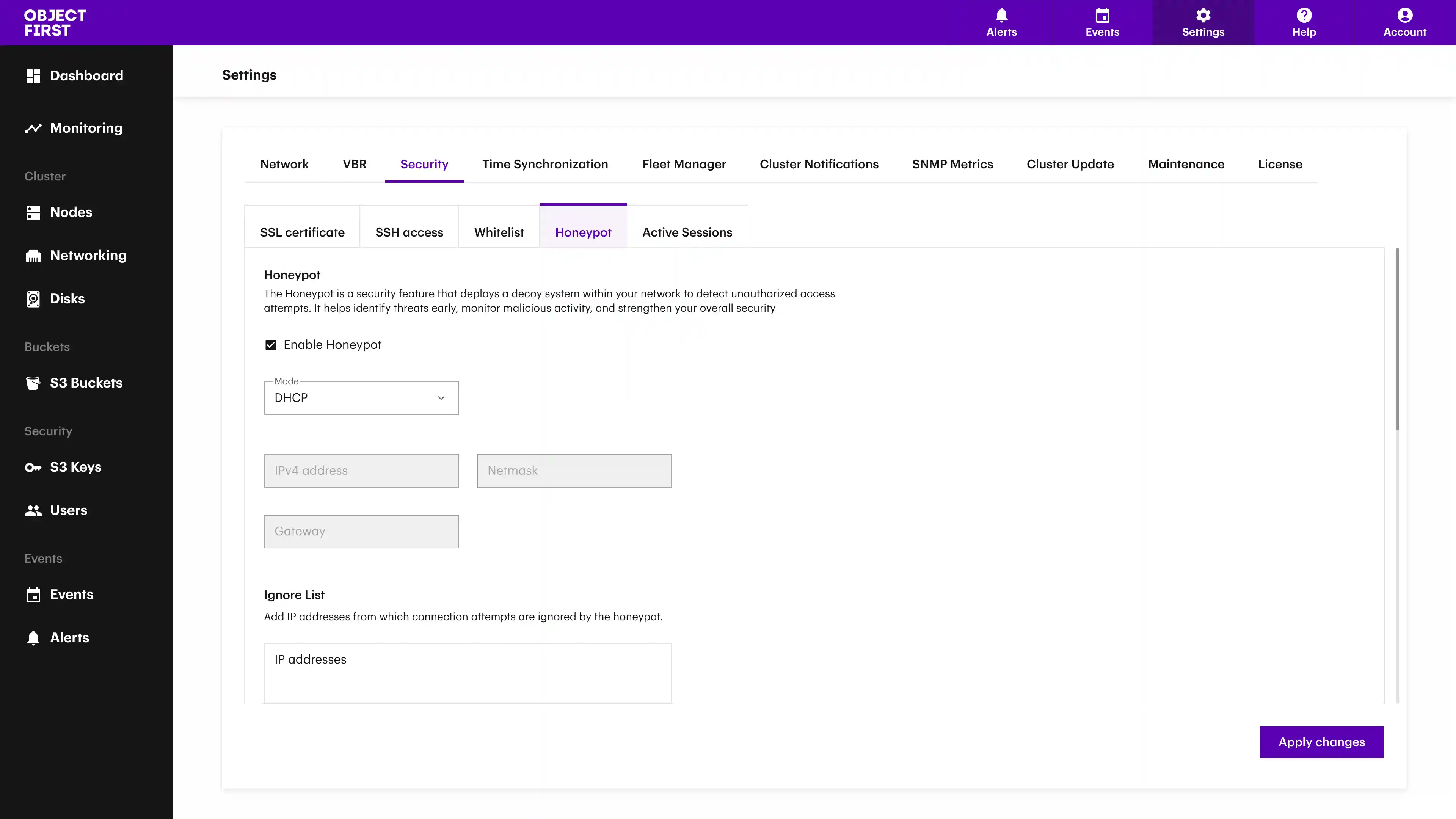 Honeypot settings screen with the Apply Changes button ready to save the configuration.