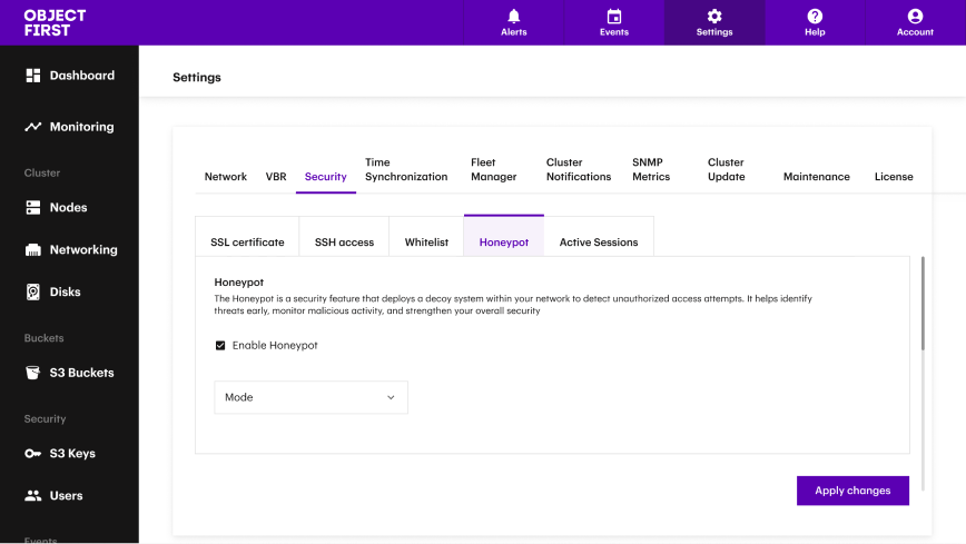 Object First settings interface showing the Honeypot security configuration under the Security tab.