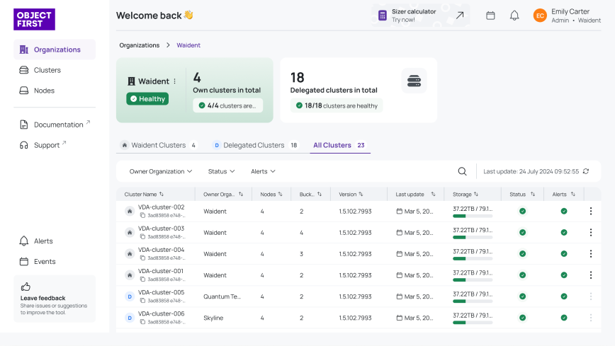 Object First management dashboard showing a summary of healthy clusters and a detailed status table for the Waident organization.