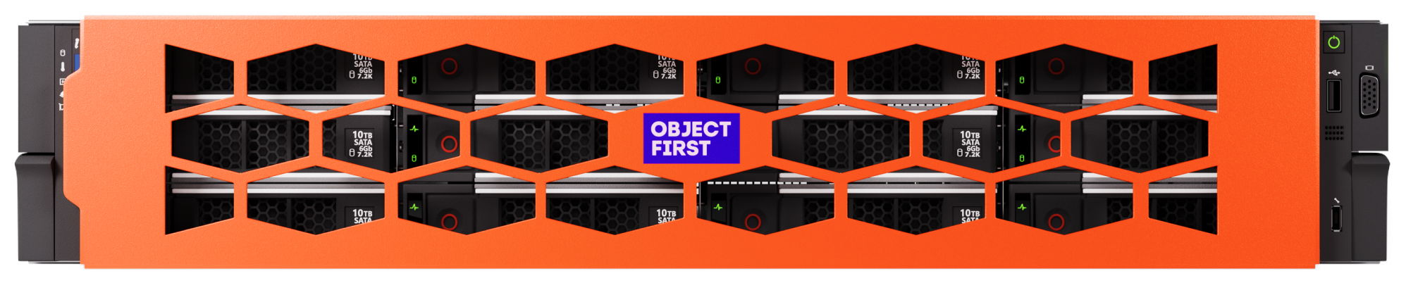 Front view of an orange Object First rack-mount server with a perforated bezel and logo.