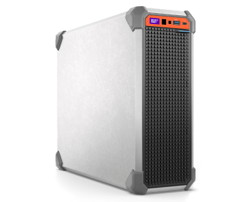 Left side perspective of a compact white server appliance with reinforced corners and a textured black front panel.