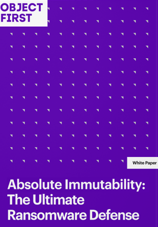 Cover of a white paper titled ‘Absolute Immutability: The Ultimate Ransomware Defense’ by Object First, featuring a purple background with a pattern of small arrow-like shapes.