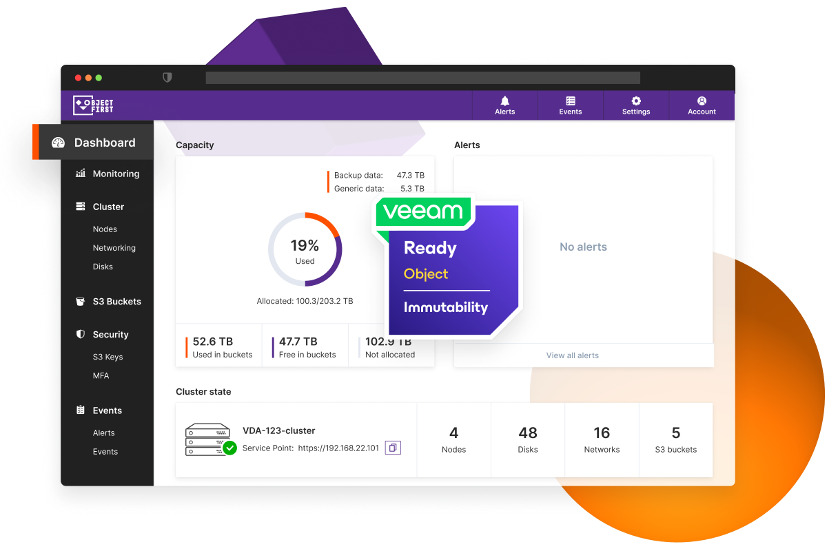 Captura de pantalla de la interfaz del panel de control de Ootbi (Object First) con el logotipo de Veeam Ready superpuesto.
