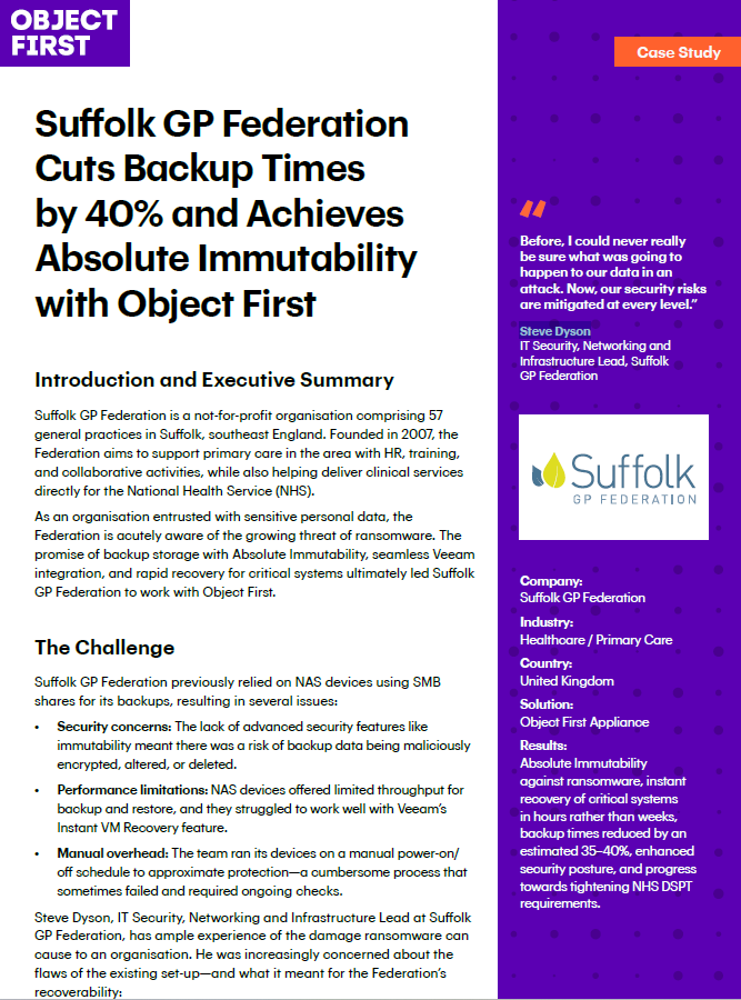 Suffolk GP Federation Cuts Backup Times 40% with Object First