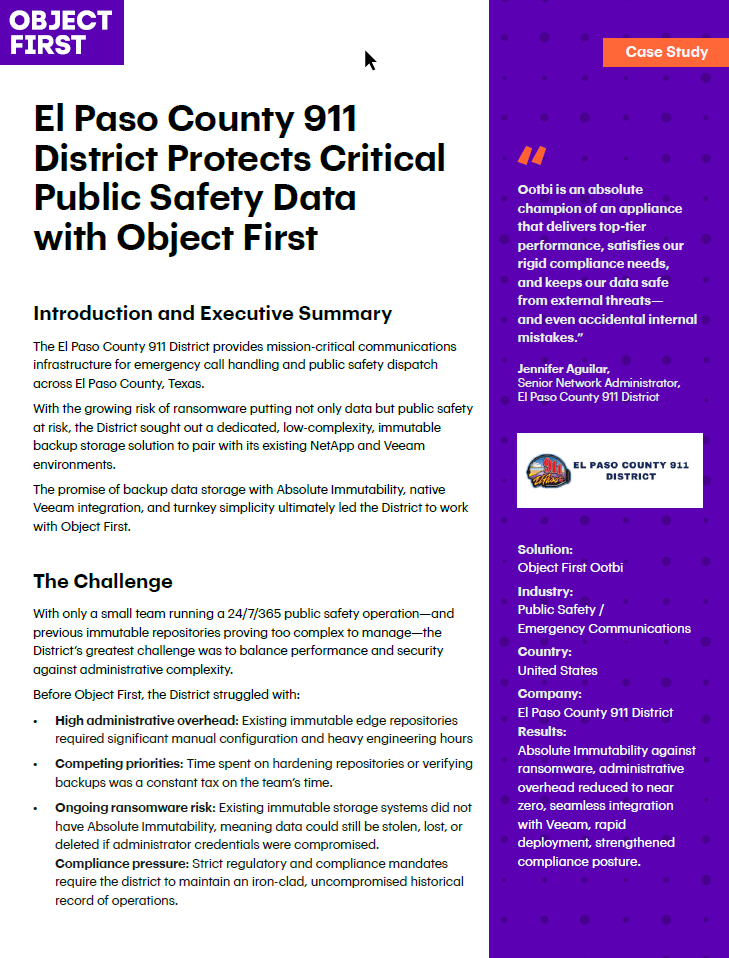 El Paso County 911 District Protects Critical Public Safety Data with Object First