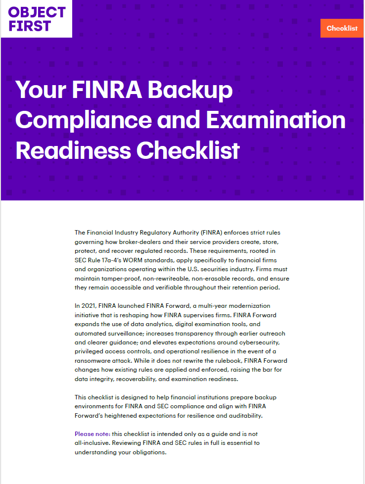 Lista de verificação de conformidade e prontidão para auditorias da FINRA Backup