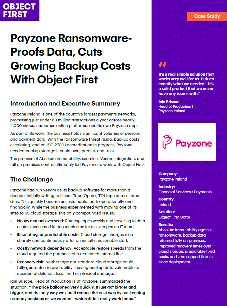 Payzone protege los datos frente al ransomware y reduce los crecientes costes de Backup con Object First