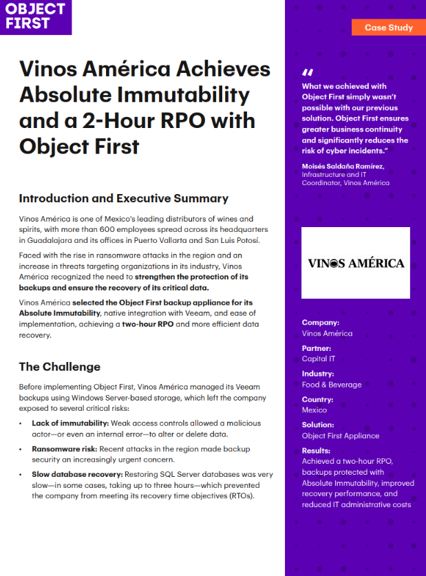 Vinos América erreicht Absolute Immutability und ein 2-Stunden-RPO mit Object First