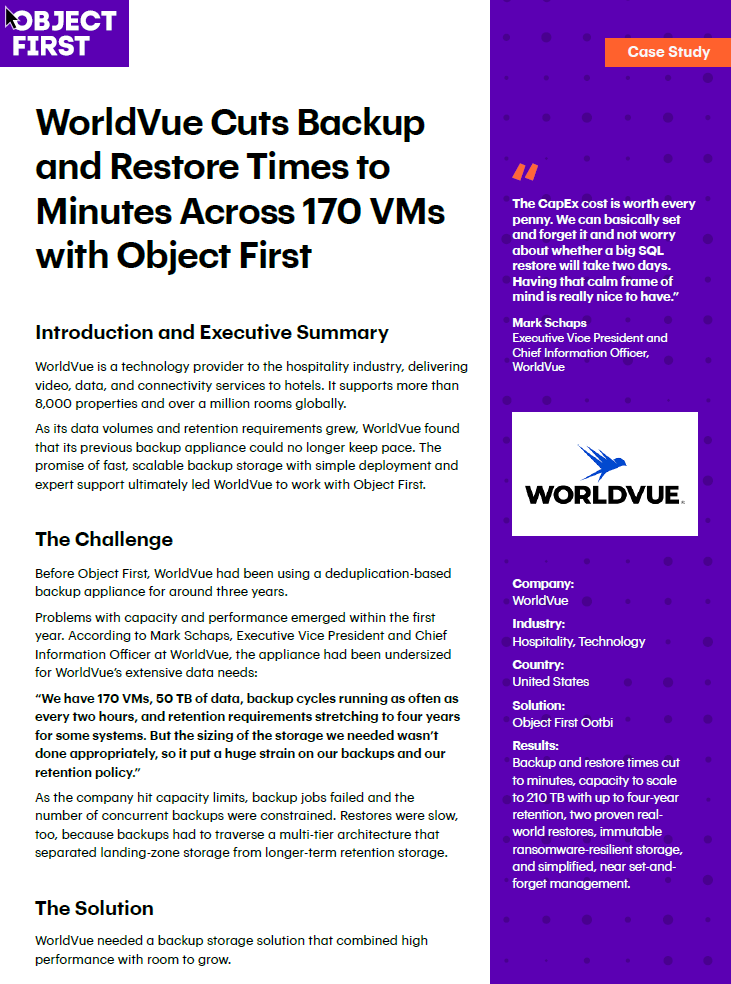 WorldVue reduce Backup y los tiempos de restauración a minutos con Object First