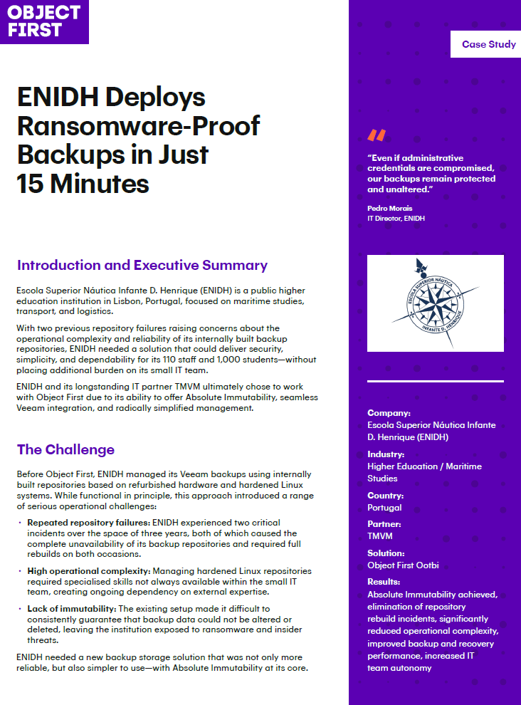 ENIDH deploys ransomware-proof backups in just 15 minutes